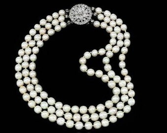 Marie Antoinette pearl  necklace , 925 sterling silver diamond and pearl clasp necklace for her replica , wedding necklace Vintage necklace