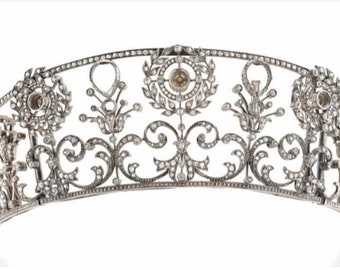 Tiara de diamantes de talla rosa de la princesa Lolanda de Italia de inspiración victoriana en plata de ley 925 "regalo para ella