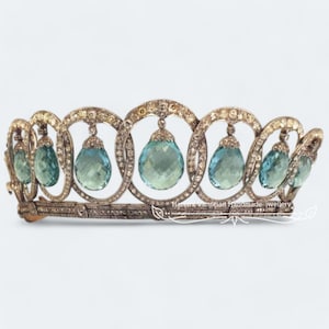 Victorian Art 13.70 Ctw Rose Cut Diamond & Created Aquamarine Drop 925 Silver  Vintage  RoyalTiara/0 Queen tiara