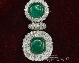 Art Deco Queen Victoria Eugenie Cabochon Emerald Brooch in 925 Sterling Silver & Cubic Zircon | Vintage Royal Jewelry