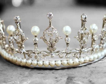 Krone Mary von Dänemark Perlen Tiara 925 Sterling Silber CZ Perlen Tiara Königin Mary von Dänemark Hochzeit Tiara