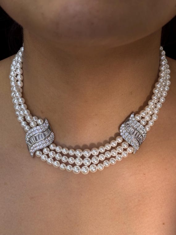 Vintage Pearl Necklace, Sterling Silver Emerald Clip, 3-strand