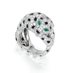 Emeralds eyes Panther ring in 925 sterling silver and Moissanite