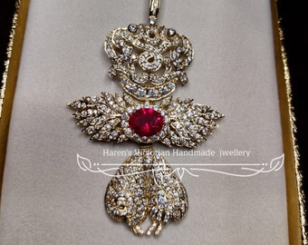 Vintage inspired 925 Silver cz Zircon ruby Golden Fleece brooch pic badge pendant for him