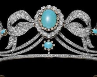 Vintage 925 Sterling Silver Cubic Zirconia Turquoise Dutchess of Montellano's Tiara Crown Parure - Bridal Wedding Tiara Set