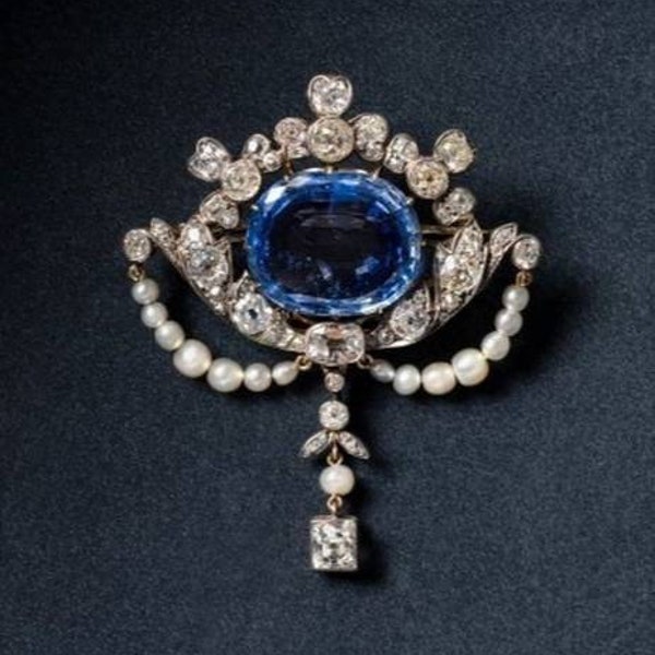 Vintage 925 silver rose cut diamond princess Mary of Denmark blue sapphire Brooch for women