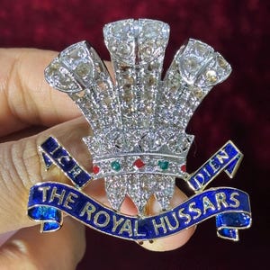 Vintage regimental brooch in rose cut diamond 925 sterling silver blue enamel feather brooch