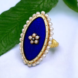 Georgian Rose Cut Diamond 925 Sterling Silver Blue Enamel pearl Marquise Ring For Women