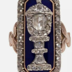 Georgian Era inspired 925 sterling silver Rose cut diamonds blue enamel pearl ring