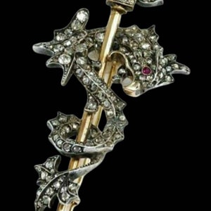 Może przedstawiać: Srebrna i złota broszka z kwiatowym wzorem. Broszka jest ozdobiona małymi diamentami i jednym czerwonym kamieniem. Broszka ma kształt kwiatu z długą łodygą.