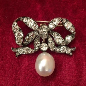 Vintage inspired 925 sterling silver CZ zircon pearl drop ribbon brooch , gift for her
