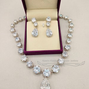 Edwardian  Elizabeth II Coronation Necklace set, 925 silver stimulated diamond necklace and earrings, Estate jewelry Handmade, gift for her