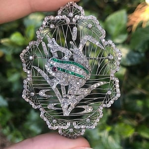 Vintage inspired Art deco Inspired CZ zircon Mera 925 sterling Silver Emerald  badge &quot; for her Women brooch