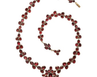 Vintage Georgian style Garnet foiled back prong setting 925 sterling silver necklace for her