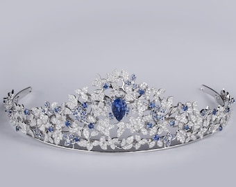 925 sterling silver  Cubic zircon blue sapphire princess of denmark Mauboussin tiara leaf tiara wedding tiara royal tiara