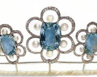 Art deco 13.70 Ctw Rose Cut Diamond & Created Aquamarine pearl floral 925 sterling Silver Tiara for her/wedding/anniversary  flower tiara