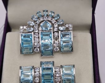 Art Deco 925 sterling silver &#39;Queen Elizabeth ii aquamarine double clip American Diamond brooches birthday/ anniversary/wedding/ gift