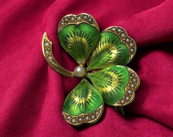 Art Nouveau Clover Antique Pearl & Green Enamel Shamrock Brooch – Victorian 925 Sterling Silver Four Leaf Clover Pin, Handmade Lucky Jewelry