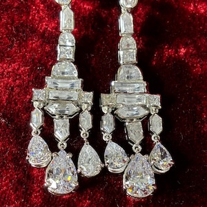 Art deco CZ Zircon 925 sterling silver Queen Elizabeth II chandelier earing bezel set  for wedding