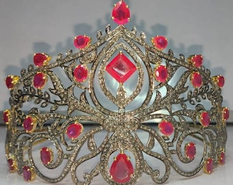 Vintage 15.30 Ctw Rose Cut Diamond & Ruby 925 Sterling Silver 18k gold plated Wedding Tiara Crown Headband for her