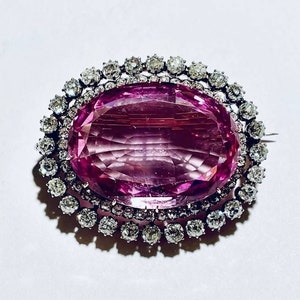 Georgian Inspired 925 sterling silver rose cut diamond pink topaz oval brooch for her, bridal, wedding, princess brooch