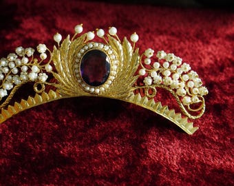 Victorian Sterling Silver Amethyst Pearl Tiara Comb: Royal Hair Band