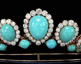 Princess Royal family inspired turquoise tiara in 925 sterling silver and simulated diamond
