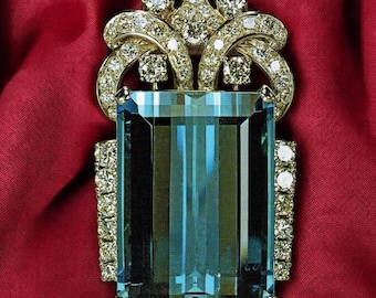 Edwardian Era 925 Silber Zirkon und Aquamarin "Queen Elizabeth II Brasilianische Brosche"