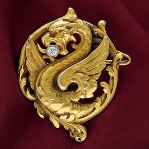 Vintage Inspired 925 sterling silver dragon brooch with simulated diamond, gift for him