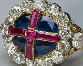 Victorian Art Vintage Rose cut Dimond 1.00ctw ruby and 2.30ct blue sapphire 925 sterling silver &quot; Queen Victoria Coronation Engagement ring&quot;