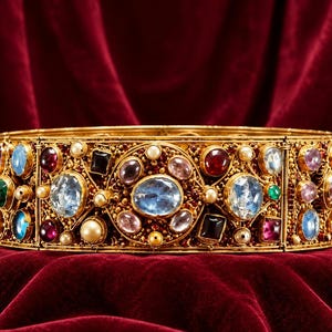 Könnte beinhalten: Ein breites Goldarmband mit einem komplizierten Filigranmuster und einer dichten Anordnung mehrfarbiger Edelsteine, darunter blaue, rote, violette und grüne Cabochons, facettierte Steine und kleine weiße Perlen in kreisförmigem Design.