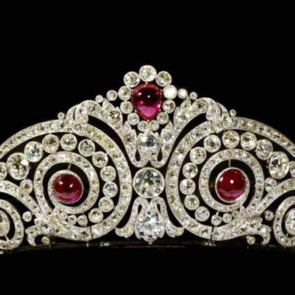 Vintage Reproduction 925 Sterling Silver CZ Zircon Ruby Spanish Royal Tiara - Bridal Wedding Crown for Her