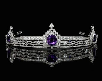 Art Deco Inspired Amethyst Tiara - 925 Sterling Silver, Vintage Style Regal Amethyst crown, Replica Silver Tiara for Weddings