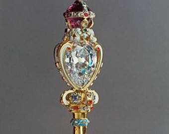 Vintage Inspired British Royal brass cz zircon  Gemstones Sovereign sceptre with cross British royal order
