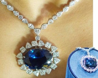 Art deco inspired hope Diamond necklace replica in 925 sterling silver and CUbic Zircon for her wedding, anniversary gift, famous jewelry