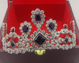 Handcraft Art Deco 925 Silver Sapphire Necklace Tiara Crown - Queen Elizabeth II Inspired, Wedding Bridal Accessory