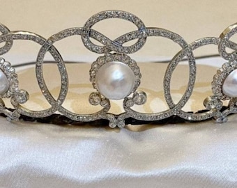 Vintage 925 silver Rose cut Diamond Pearl Diamond Sweden royal Tiara / Princess Sweden Tiara/ Wedding Tiara/Royal Tiara