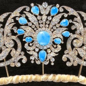Vintage 925 Sterling Silver Cubic Zirconia Turquoise Dutchess of Teck Tiara - Bridal Crown, Wedding Tiara Parure for Her