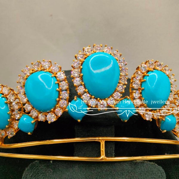 Vintage Turquoise Tiara - 925 Sterling Silver Crown with CZ Zircon, Elegant Six Large Cabochon Turquoise Stones - Vintage Wedding Headpiece