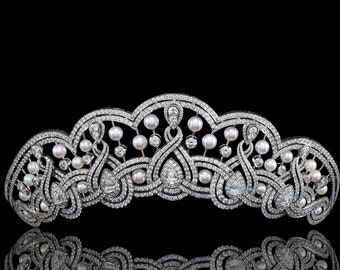 925 Sterling Silver CZ Zircon pearl tiara, royal tiara, wedding Tiara, princess tiara, bridal tiara