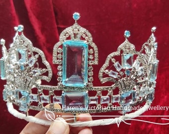 Vintage Reproduction 925 sterling silver Rose cut diamond Queen Elizabeth's Brazilian Aquamarine Tiara