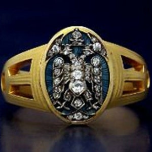 Victorian Art Vintage/ Rose cut diamond/925 sterling silver/ Enamel&quot; Russian Imperial presentation award Ring&quot; for Men
