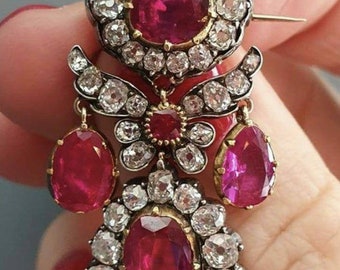 Vintage Reproduction 925 sterling silver Natural diamond and ruby  18k yellow gold plated over silver French royal Brooch for her/ for women