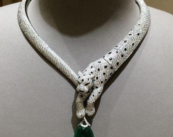 Art Deco style 925 sterling silver 5A cubic zirconia Emerald drop panther necklace, gift for her