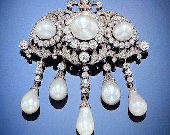 Vintage 925 Silver Natural  diamond large pearl Archduchess of Austria's devant- de corsage  brooch for women