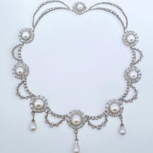 Antike viktorianische simulierte Diamant- und Perlenhalskette, 925er Silber-Brautschmuck, Queen Elizabeth II Perlentropfen historische Halskettenreplik