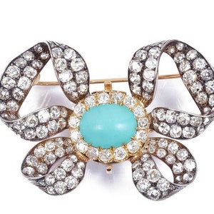 Victorian inspired 925 sterling silver cz zircon turquoise queen Alexandra coronation bow brooch for her wedding anniversary