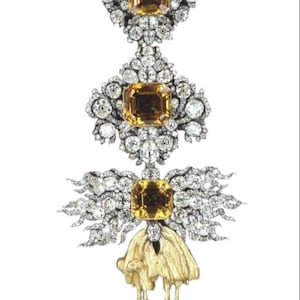 Art Deco Brosche Geschenk für Sie, Ihn Vintage gelber Saphir 925 Silber Rosenschliff Diamant Golden Fleece Brosche für