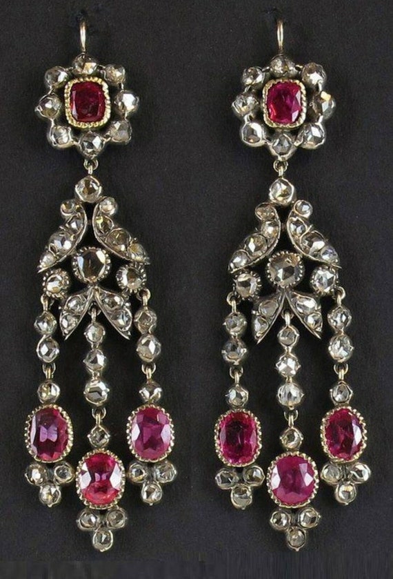 Vintage Georgian Style Sterling Silver Diamond and Ruby Chandelier Earrings  Elegant Bridal Jewelry