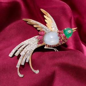 Met Gala bird brooch,emerald,ruby and moonstone brooch pin, 925 sterling silver, simulated diamond brooch pin for men